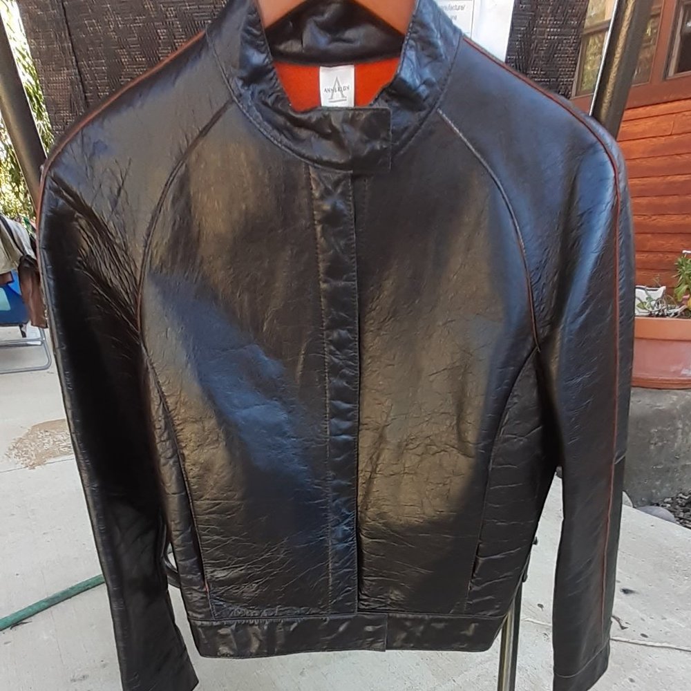 Anne Klein Leather Designer Jacket Dark Brown  Siz